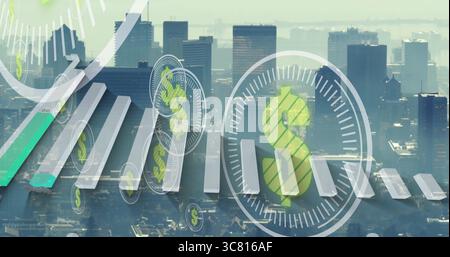 Displaying aerial financial data hovering over skyline, with gridlines, 3D bars and dollar overlays Stock Photo