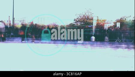 Displaying digital padlock overlay hovering over city walkway with blurred pedestrians, railings Stock Photo