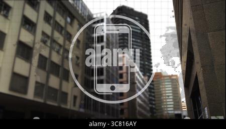 Displaying smartphone icon in circular overlay over blurred urban street, with dotted world map Stock Photo