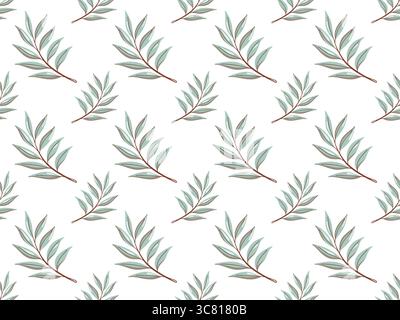 Seamless autumn pattern with green olive or willow tree branches on white background. Vector foliage background. Stock Vector