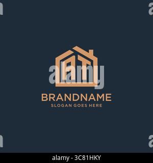 Initial letter AT logo with simple minimalist home shape icon design vector graphic Stock Vector
