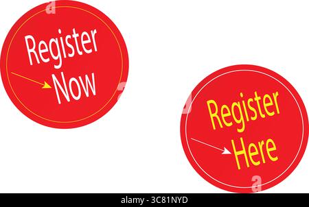 Register now button stickers or call-to-action badge vectors for interactive web ui and ads Stock Vector