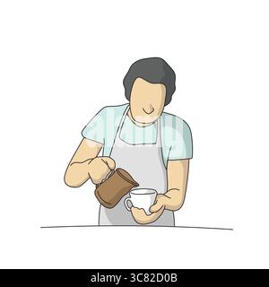male barista pouring coffee into cup illustration vector hand drawn with black lines isolated on white background. Stock Vector