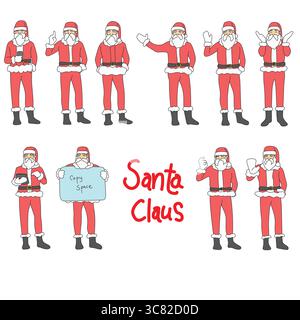 set of slim santa claus activity illustration vector hand drawn with black lines isolated on white background. Stock Vector