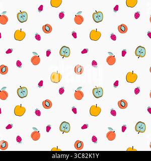 Colorful fruit pattern featuring apples, peaches, and strawberries on a white background Stock Vector