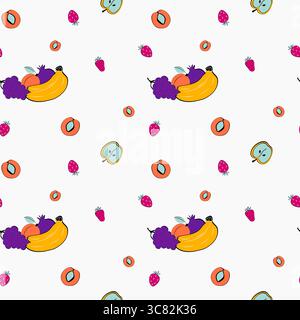 Colorful fruit pattern with bananas, grapes, and strawberries on a white background Stock Vector