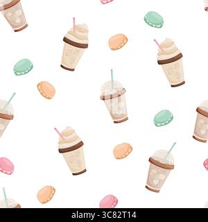 Seamless pattern with coffee drinks and macarons Stock Vector