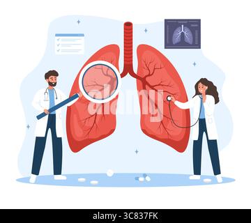 Pulmonologist concept. Male and female doctor examination Respiratory system disease. Vector illustration in flat cartoon style Stock Vector