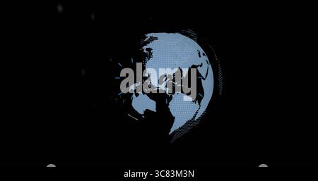 Rotating stylized globe glowing in dark digital void, with muted blue continents halftone texture Stock Photo