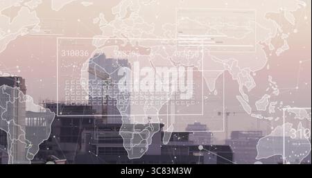 City skyline and digital interface merging on urban rooftop, with world map overlay and nodes Stock Photo
