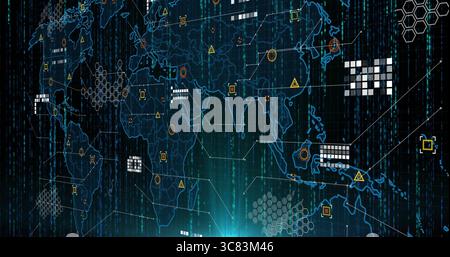 Displaying digital world map tracing data nodes and links on code dashboard, glowing teal accent Stock Photo