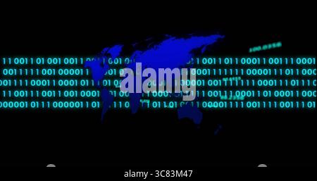 Displaying glowing blue world map silhouette on digital interface, with green binary code streams Stock Photo