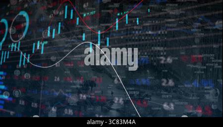 Displaying financial overlay with candlestick charts and buzzword labels on city street with cars Stock Photo