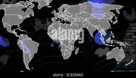 Displaying world map lines on virtual console grid with hexagon overlays and blue highlights Stock Photo