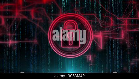 Highlighting neon red padlock icon glowing on virtual grid, streaming teal code and red circuits Stock Photo