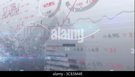 Displaying financial data visualization over city skyline, featuring line graphs and bar charts Stock Photo