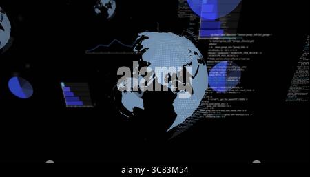 Stylized 3D globe rotating in virtual interface, with code snippet overlays, charts and globe icons Stock Photo