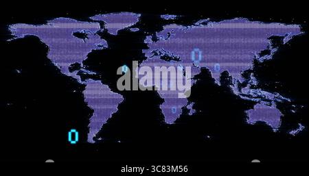 Displaying world map flashing scan-line noise and purple pixels on screen, with cyan binary digits Stock Photo