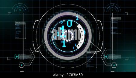 Displaying central holographic interface rotating on grid with binary overlays and code panels Stock Photo