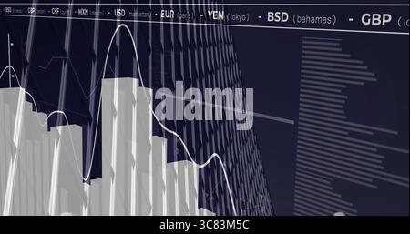 Showing 3D bar chart with line graph overlaying windows, ticker, data lines, copy space Stock Photo