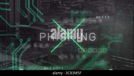 Showing neon lines crossing out bold PHISHING text on urban digital interface, with binary code Stock Photo