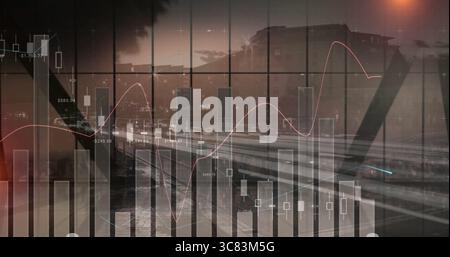 Displaying bar and candlestick charts over pedestrian bridge at dusk, with steel beams, streetlamp Stock Photo