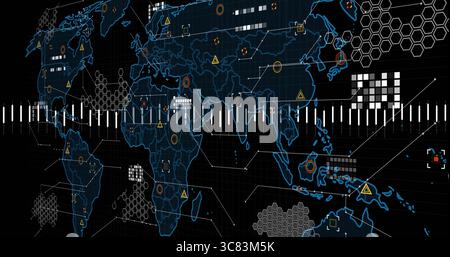 Displaying world map schematic on command interface, with hex overlays, grid, marker bar with ticks Stock Photo
