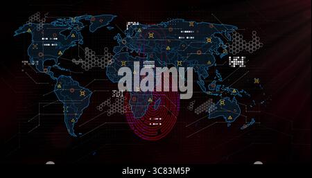 Displaying digital world map pulsing on data dashboard with hex clusters, warning icons and rings Stock Photo