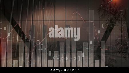 Displaying translucent financial chart overlay in city skyline at dusk with candlestick bars Stock Photo