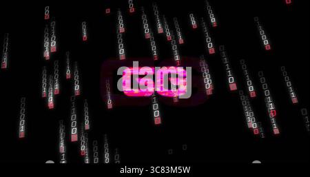 Streaming glitchy GG logo cascading binary rain across hacking interface, with digital code Stock Photo