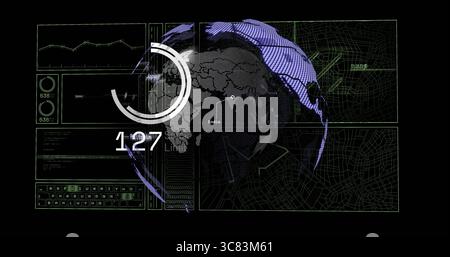 Displaying 3D globe rotating in dashboard, with progress circle, numeric readout and data panels Stock Photo