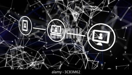 Displaying digital network mesh in dark abstract scene, with mobile device, laptop, desktop monitor Stock Photo