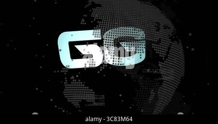 Glowing 5G text floating over rotating dotted globe against black backdrop, showcasing connectivity Stock Photo