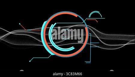 Displaying segmented circular HUD element on digital interface with waves and cyan-orange lines Stock Photo
