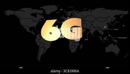 Displaying golden 6G label over dotted world map screen with circular markers, dashed lines, labels Stock Photo