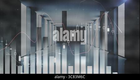 Displaying financial data in futuristic hall with candlestick bars, histogram bars and line graphs Stock Photo