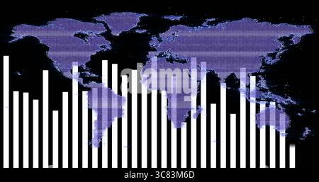 Displaying white vertical bar chart columns overlaying pixelated purple world map on dark screen Stock Photo