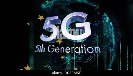 Glowing 3D 5G and 5th Generation hovering in digital network with wireframe globe and data lines Stock Photo