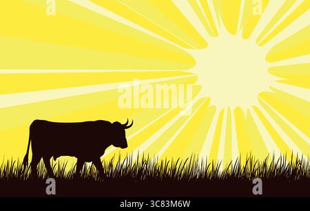 The silhouette of a bull with tall grass. Stock Vector