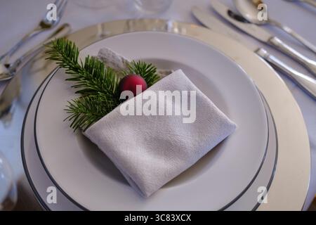 Festive table setting, Christmas table, Christmas decorations, Christmas tree baubles, Christmas, Christmas decoration, Upper Bavaria, Bavaria, German Stock Photo