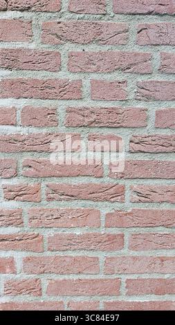 Detailed close-up of a red brick wall with rough surface texture and gray cement mortar. Ideal for background, construction, or architecture themes. Stock Photo