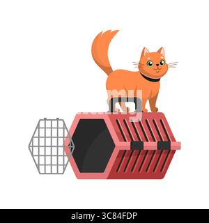 Cute red cat is standing on carrier. Traveling with pets concept. Vector Flat design, cartoon style. Vector illustration. Stock Vector