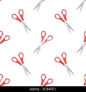 School scissors open, red handled scissors seamless pattern. Vector isolated on white. Sewing concept. Cartoon style, flat design. Professional hairdressing scissors. Paper kids scissors Stock Vector