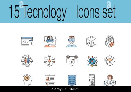 Modern technology icons set representing innovation, virtual reality, data, and connectivity for digital projects Stock Vector