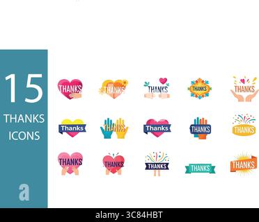 Express heartfelt gratitude with these vibrant and diverse 'Thanks' icon designs for any occasion Stock Vector