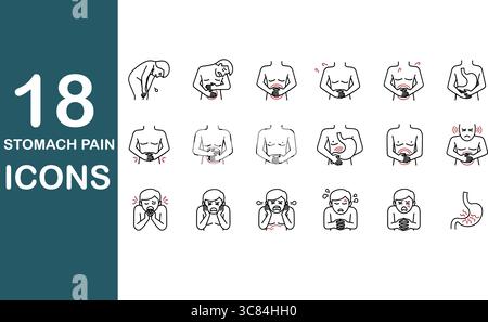 Diverse icons illustrate various stomach pain symptoms and discomfort experienced by people Stock Vector