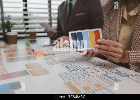 Process of creating an interface for a mobile app, user interface and experience concept, ux, ui, ux developer and ui designer, creative digital devel Stock Photo