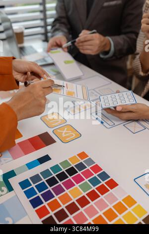 Process of creating an interface for a mobile app, user interface and experience concept, ux, ui, ux developer and ui designer, creative digital devel Stock Photo