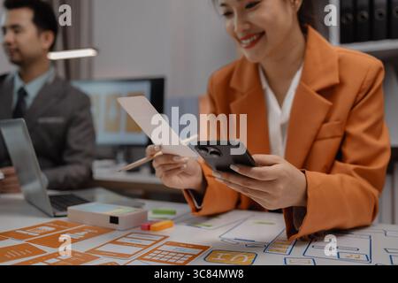 creative planning phone app development template layout, User experience concept, website designer, develop team UX designer working on smartphone app Stock Photo