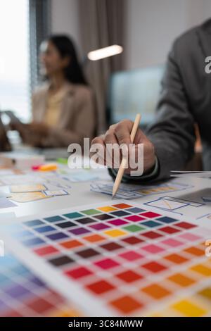 drawing website ux ui app for mobile phone application and development template layout, UI development, designer team working on a project of ux ui in Stock Photo